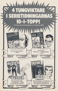 Reklam för fyra serietidningar som hamnat på Serieakademins topplista