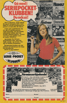 En klicka står framför en "vägg" av omslag från seriepocketklubben