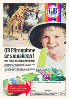 Reklam för GBs glass Päronpinne med en pojke i trofikhjälm som äter glass