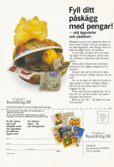 Reklam för Ulf Andersson Konstförlag som säljer påskkort som klasselever kan sälja och tjäna pengar till en klassresa