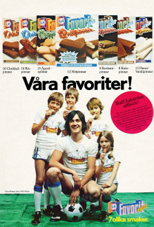 Reklam för GB Glass och deras storförpackningar med pinnglass. I annonsen finns även Ralf Edström