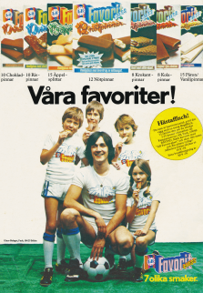 Reklam för GB Glass och deras storförpackningar med pinnglass. I annonsen finns även Ralf Edström