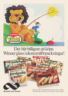 Reklam för Winner glass där ett tecknat lejon sitter och fiskar vi en sjö samtidigt som han äter en päronglass