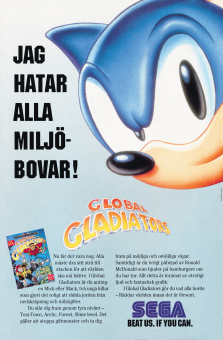 Reklam för spelet Global Gladiators från SEGA och McDonalds. Sonic, SEGAs maskot, tar upp större delen av annonsen