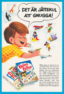 Annons för Kalaspuffar och Fraskuddar där man får gnuggisar med i paketet