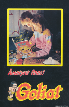 Reklam för serietidningen Goliat där två barn, en pojke och en flicka, sitter och läser tidningen tillsammans