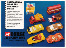 Reklam för de lite mindre leksaksbilarna Corgi Juniors