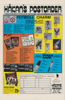 Reklam från Håkans postorder där det listas upp de produkter som går att köpa: affischer, armband, tröjor med motivtryck med mera