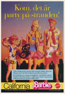 Annons för Barbie och hennes killkompis Ken samt hennes lillasyster Skipper där de är iklädda sommarkläder, redo för stranden