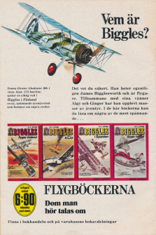 Reklam för böcker med piloten Biggles i huvudrollen, dels med illustration på ett flygplan och även fyra bokomslag