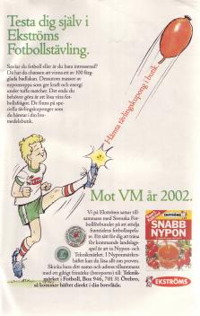 Reklam för Ekströms nyponsoppa som lyfter fram att de satsar på fotbolls-VM 2002 - 15 år in i framtiden