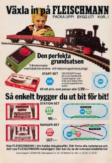 Annons som lyfter fram modelljärnvägsmärket Fleischmann där delar av deras sortiment visas upp