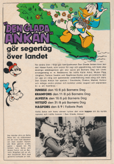 Reklam för familjeföreställningen Den Glada Ankan av Hasse Funck.