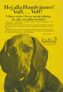 Reklam för serietidningen Min Hund med ett foto på en tax med tungan hängande ut