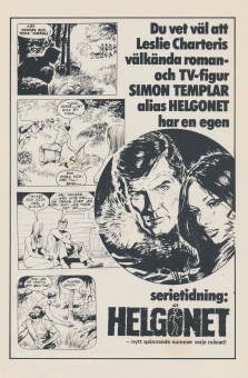 Reklam för serietidningen Helgonet, baserat på böcker av Leslie Charteris och på tv-serien med Roger Moore i huvudrollen