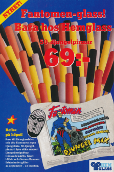 Reklam för Fantomen-glass hos Hemglass där du också kan få en reflex med Fantomens ansikte