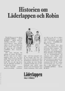 Textbaserad reklam för Läderlappen och hans följeslagare Robin. Historien berättas i korthet om hur de båda träffades.
