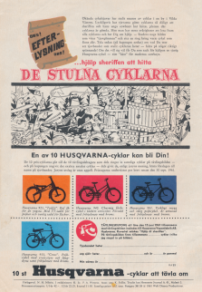 Tävlingsannons för Husqvarna där du ska leta upp cyklar på en tecknad bild, skicka in och därigenom ha chans att vinna en cykel