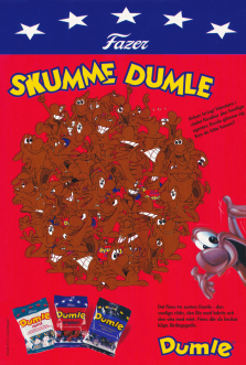 Reklam för tre olika sorters Dumle, med en tävling och den nya maskoten