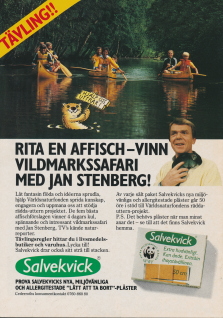 Reklam för en tävling med Salvekvick plåster där man ska rita en affisch för att vinna en vildmarkssafari tillsammans med Jan Stenberg
