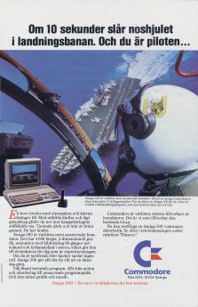 Reklam för hemdatorn Commodore 64 med ett foto på ett attackflygplan som närmar sig en flygbas