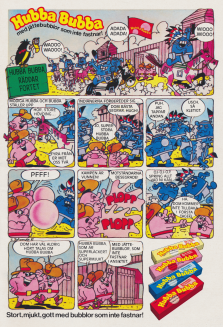 Annons i serieformat där Hubba och Bubba räddar fortet mot de blåa kletisarnas attacker