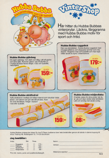 Reklam för skidprylar såsom skidfodral och liknande med Hubba Bubba på