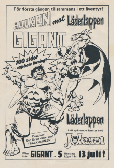 Reklam för serietidningen Gigant som visar upp ett äventyr med Hulken och Läderlappen