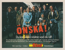 Reklam för tidningen Lilla Fridolf och dennes önskeklubb där en familj fått åka till Stockholm på deras bekostnad
