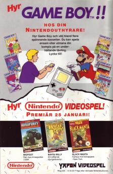 Annons som informerar om att man kan hyra spelkonsollen GameBoy hos videouthyrare
