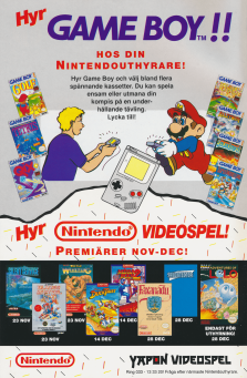 Annons med olika hyrkassetter från Nintendo, både Nintendo Entertainment System och Gameboy