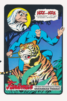 Reklam för tidningen Fantomen med en bild där den maskerade hämnaren rider på en tiger