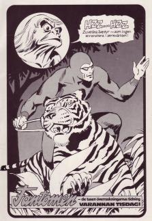 Reklam för serietidningen Fantomen där Fantomen sitter på en tiger 