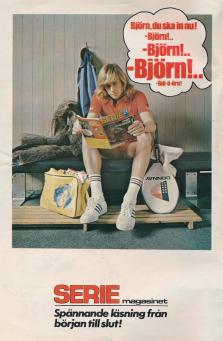 Reklam för tidningen Seriemagasinet där tennisproffset Björn Borg sitter och läser tidningen i omklädningsrummet