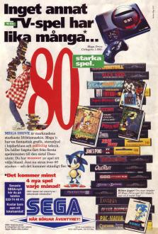 Reklam för spelkonsollen SEGA som visar upp en stapel av alla deras utkomna spel samt maskoten Sonic The Hedgehog