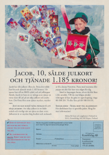 Reklam för Ulf Andersson Konstförlag som ger ungdomar möjlighet att tjäna lite extra pengar genom att sälja julkort