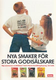 Reklam för godis från Marabou där man även kan köpa en t-shirt där det står "Jag är världens största  (Marabou) älskare"