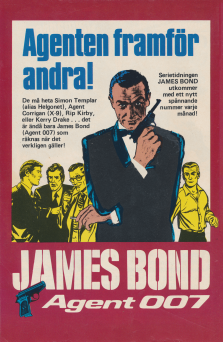 Reklam för serietidningen James Bond med en bild på agenten framför ett gäng andra kända seriefigurer