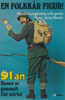 Annons för serietidningen 91:an där Janne "Loffe" Carlsson i militärkläder visar upp serietidningen