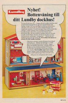Annons med Lundby dockhus som här gör reklam för att man kan köpa till en bottenvåning som man kan använda som man vill, t.ex. till en gillestuga