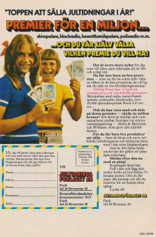 Reklam för jultidningsförsäljning med Jultidningsförlaget där en kille och en tjej håller upp pengar mot kameran