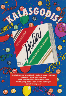 Reklam för godiset Italia som nu även kommit i tablettask