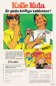 Reklam för tablettasken Kalle Kula samt möjligheten att köpa en t-shirt med tryck av sagda Kalle