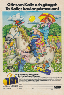 Illustration av Jane Bark som gör reklam för Kalles kaviar genom att visa upp tre barn som sitter på en häst och har jätteskoj