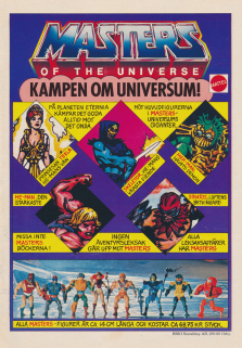 Annons med de första åtta dockorna från Masters of the universe från Mattel