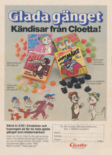 Reklam för tabletteraskar från Cloetta med motiv av Pelle Svanslös och de andra figurerna i sagan