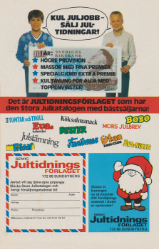 Reklam för Jultidningsförlaget där det lyfts fram att det är lätt att tjäna en slant när man säljer jultidningar