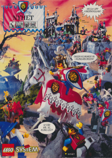 Fartfylld annons för LEGO där olika byggsatser med medeltida riddartema visas upp