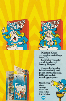 Reklam för frukostflingar Kapten Krisp, läckra havrekuddar rostade i socker och honung