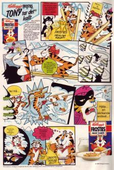 Seriestripp med Tony Tiger som är ute i skidbacken och överrumplar sin fiende Kattman